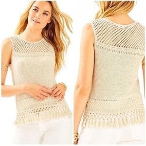 Lilly Pulitzer Limon Knit Sleeveless Sweater Fringe Resort White Crochet XSmall